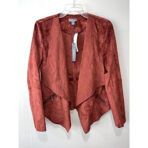 Market & Spruce Womens Rust Faux Suede Waterfall Open Front Jacket With Zipper P